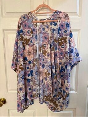 Floral Open-Front Tunic Kimono in Pink & Blue